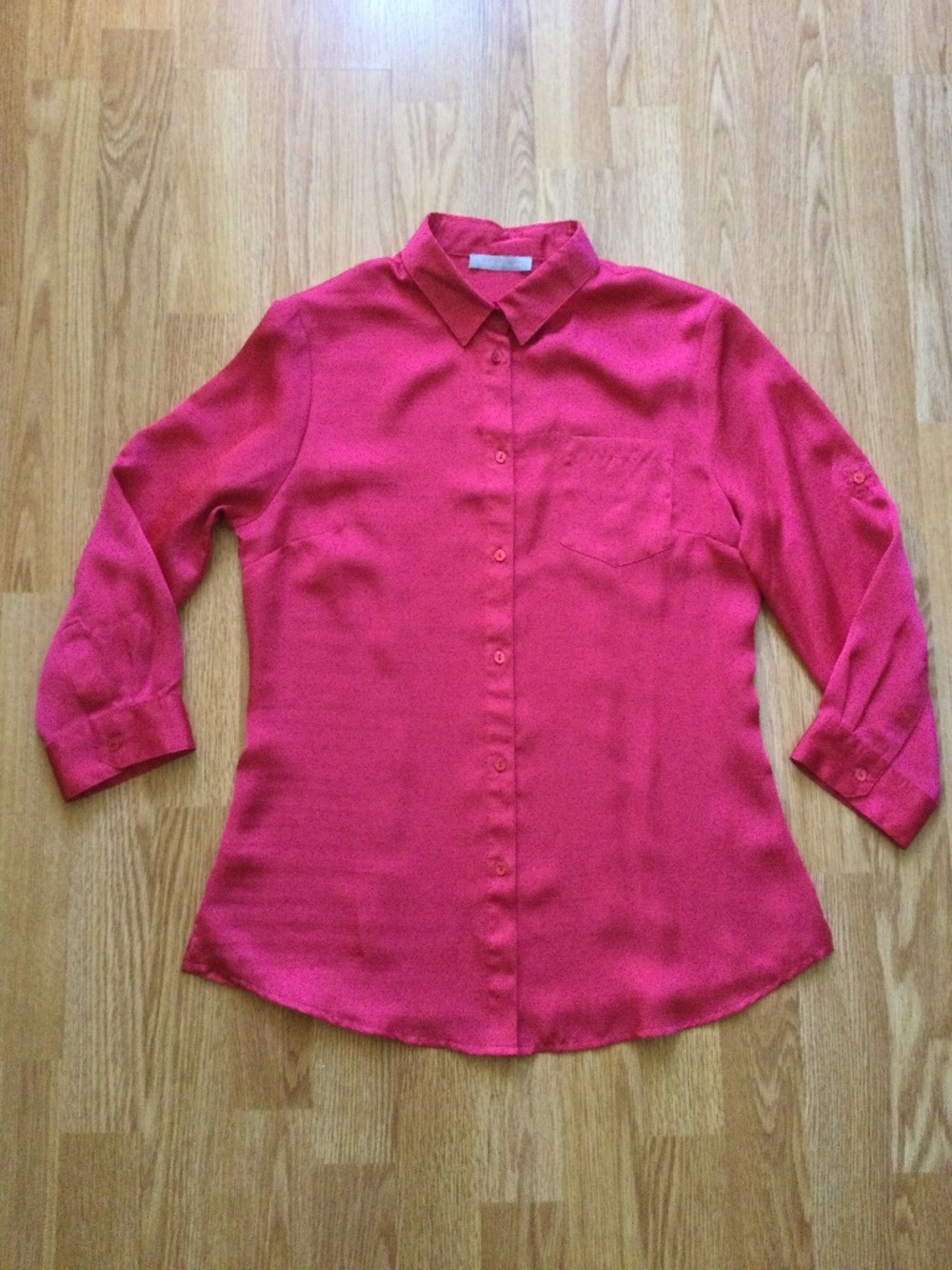 Violet & Claire Hot Pink Button Up 3/4 Roll Up Sleeve Shirt Blouse S Satin Poly